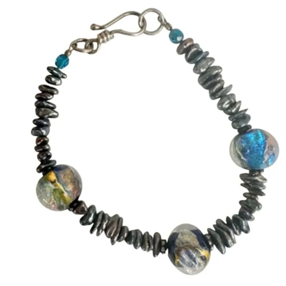 Sterling silver abalone glass blown beaded bracelet